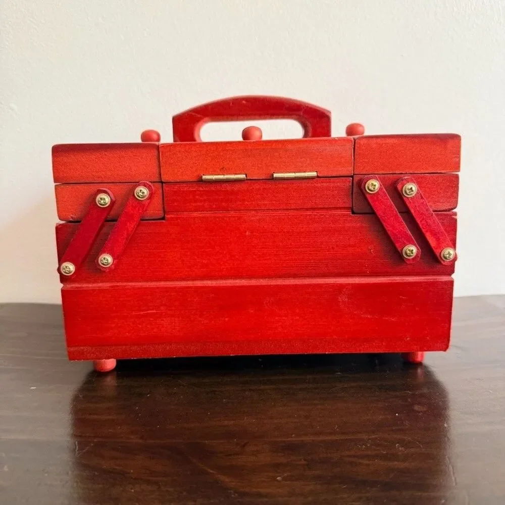 Vintage Red Wooden 2 Tier Cantilever/Accordion Sewing Kit w/feet includes thread